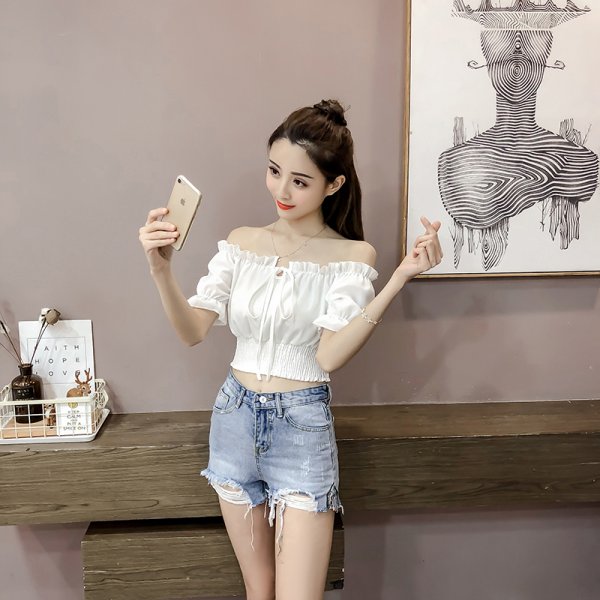 Women High Waist Short One-line Neck Strapless Sexy Puff Sleeve Top