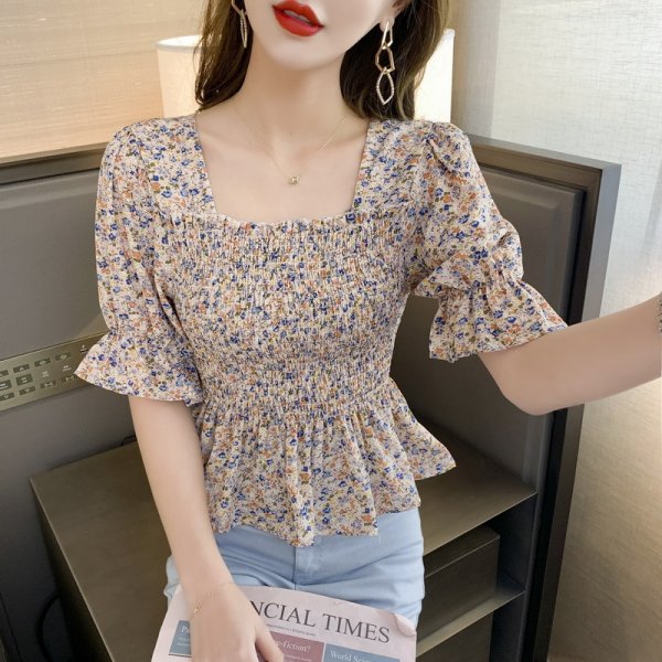 Square Neck Puff Sleeve Pleated Floral Chiffon Shirt Women Sweet French Short Shirt Top