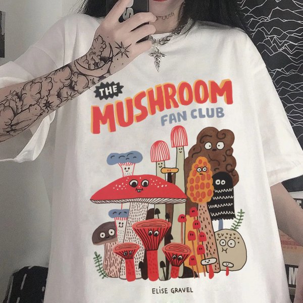 Cute Cartoon Mushroom Print Round Neck Loose T-shirt Short Sleeve