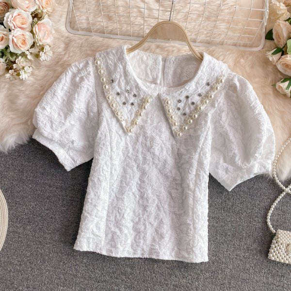 Loose Age-reducing Short-sleeved Shirt Puff Sleeve Doll Collar Jacquard Shirt Women