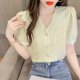 Women's New Temperament V Neck Puff Sleeve Top Short Sleeve Shirt