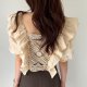 Square Collar Lace Crochet Hollow Puff Sleeve Shirt Women Short Sleeve Top Clothes