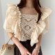 Square Collar Lace Crochet Hollow Puff Sleeve Shirt Women Short Sleeve Top Clothes