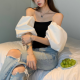 Puff Sleeve Short Shirt Collarbone Stitching Top